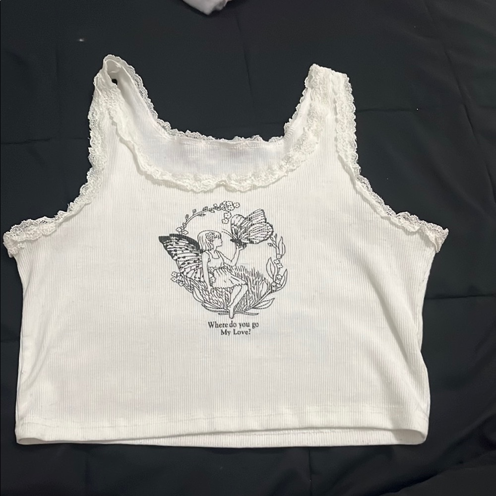 White Lace Trim Crop Top with Graphic